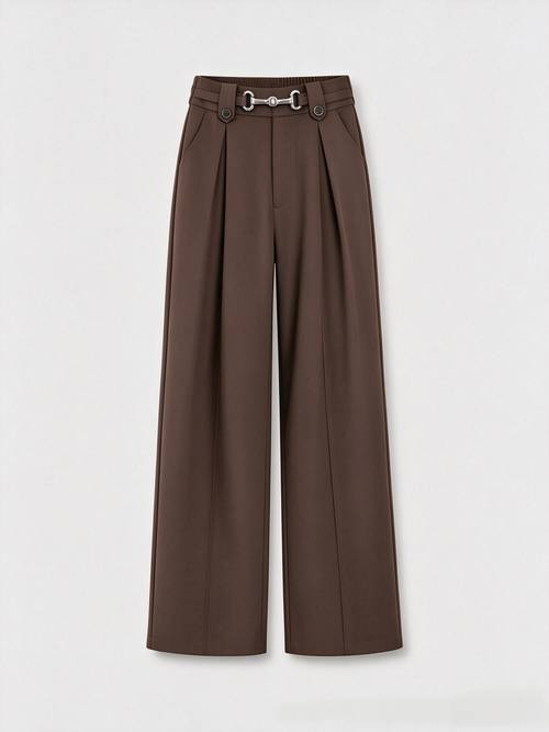 damen high-waist plissee beinhose, metallknopf doppellagiger bund gerade lange hosen, einfarbige locker formal hose, business freizeithose mit