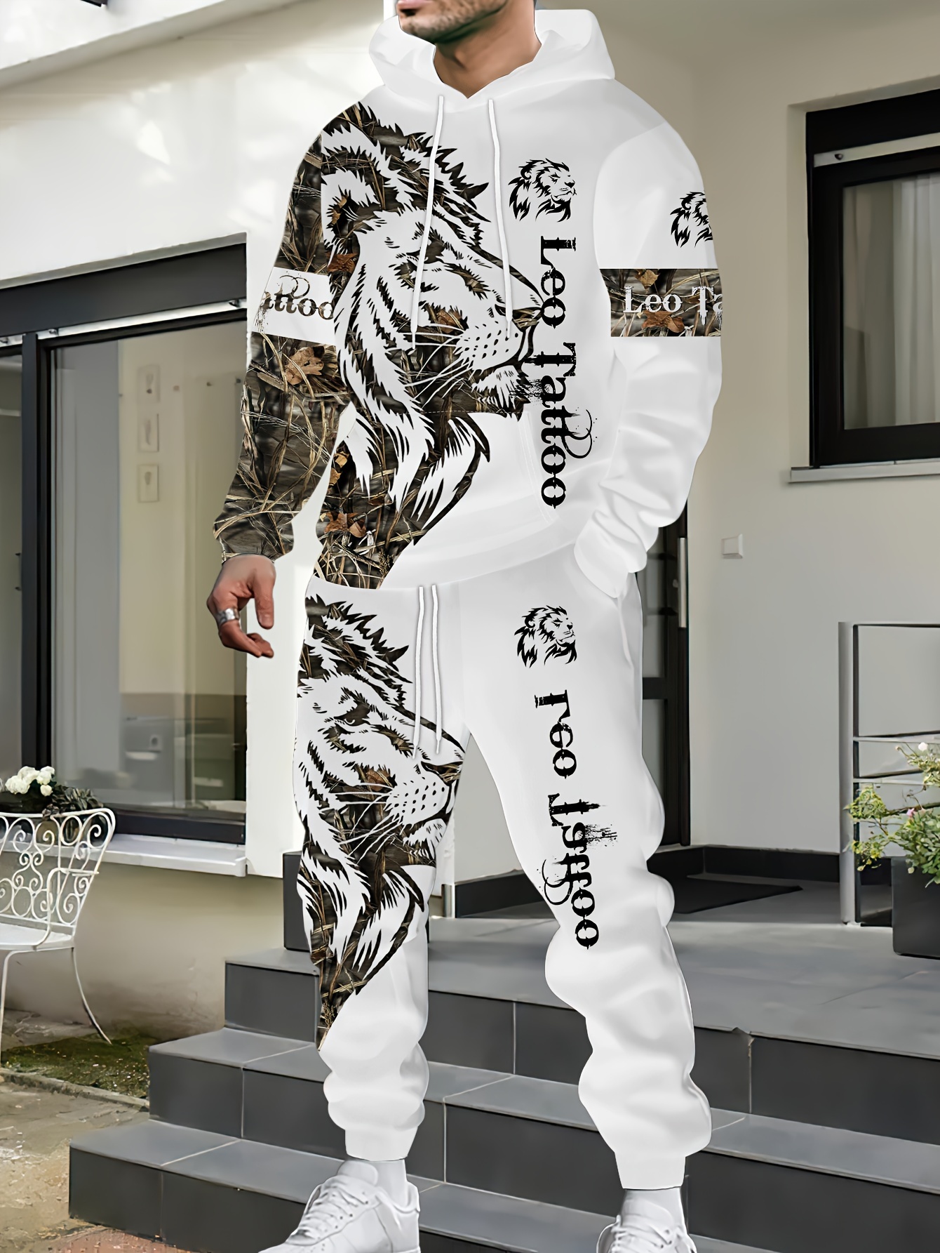 Osheoiso Survêtement Homme Jogging Imprimé 3D Lion Tigre - Sweat à Capuche Sportswear Automne Hiver