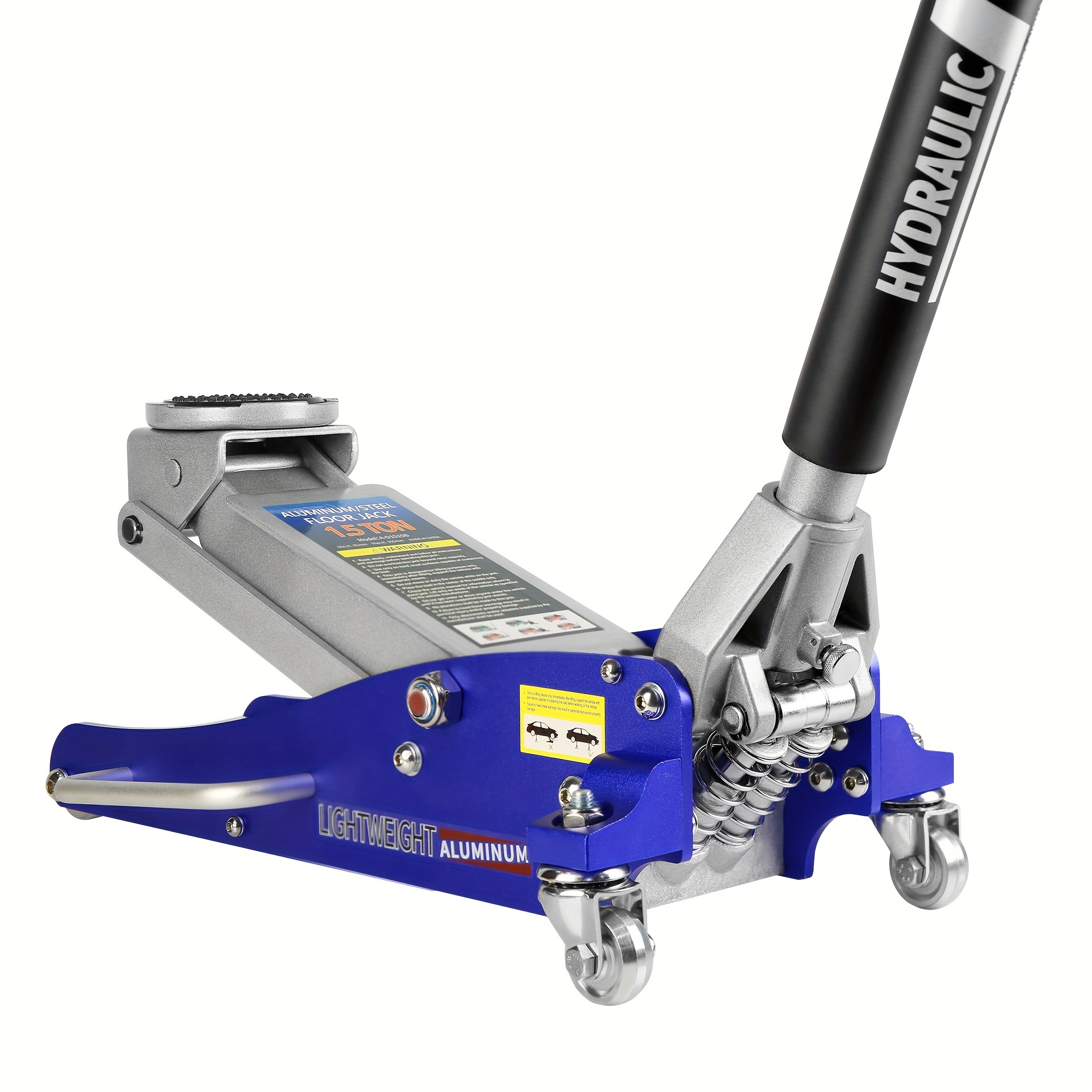 

Hydraulic Low Profile Aluminum And Steel Racing Floor Jack With Dual Piston Quick Lift Pump, 1.5 Ton (3, 000 Lb) Capacity, Blue