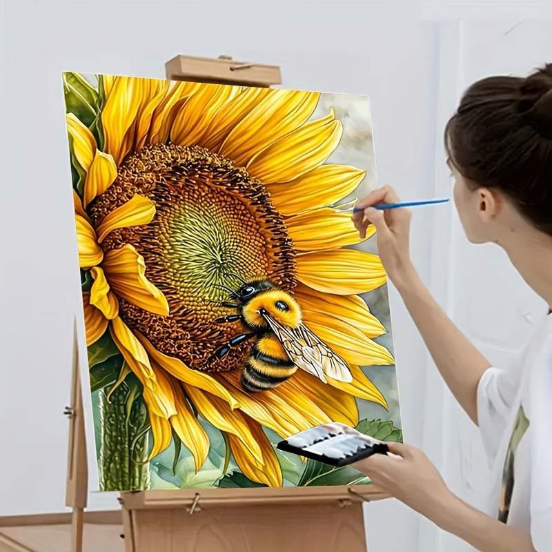 TEMU 1 Beginner's Diy Adult Acrylic Painting Kit - Includes Acrylic Paints, Canvas, 3 Brushes, And Manual | A Scene Of Bees On Sunflowers Acrylic