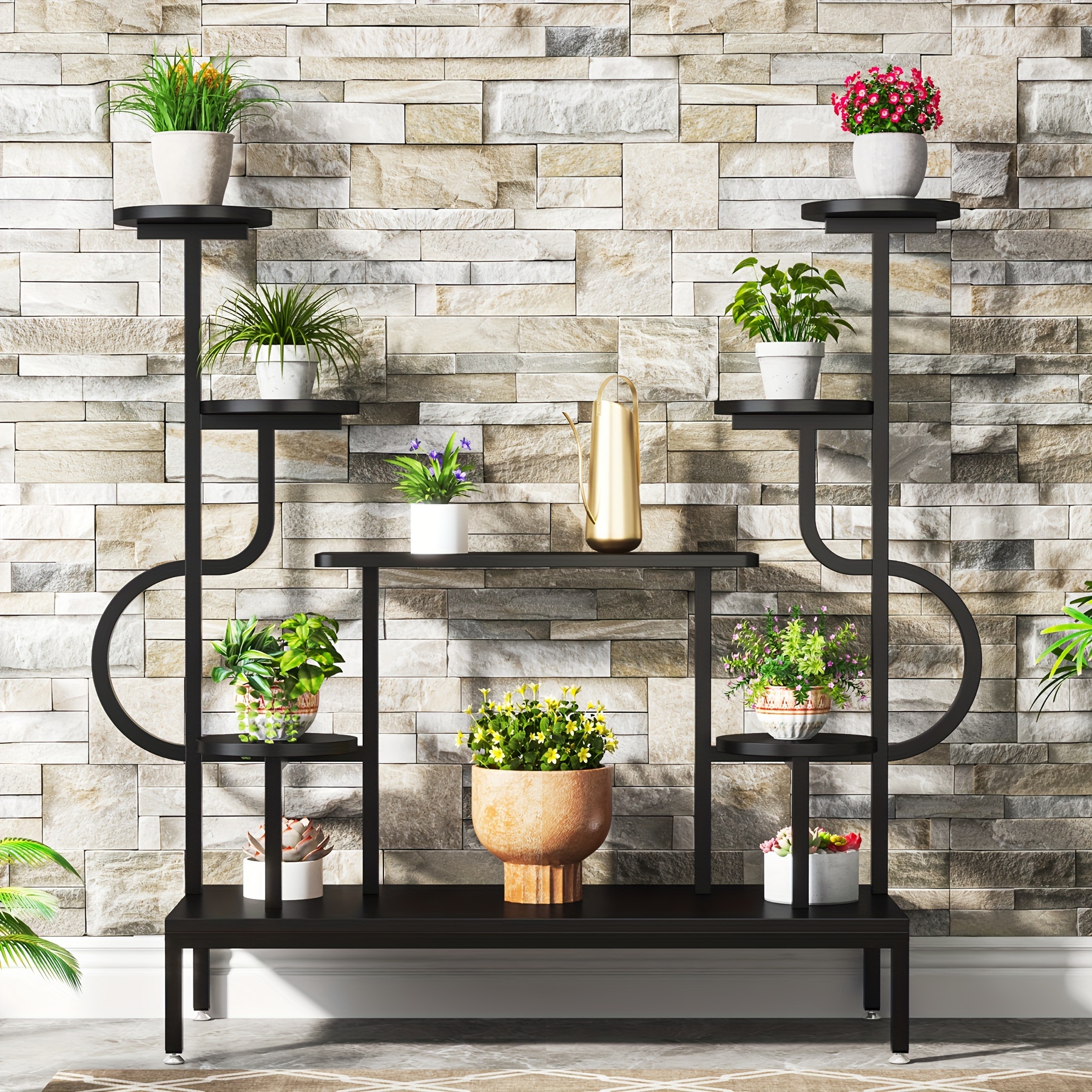 

Little Tree 8-tier Metal Plant Stand, Large Tall Plant Shelf For Multiple Plants, Round & Square Boards, Wood Indoor Ladder Holder Flower Rack For Living Room, Patio, Balcony