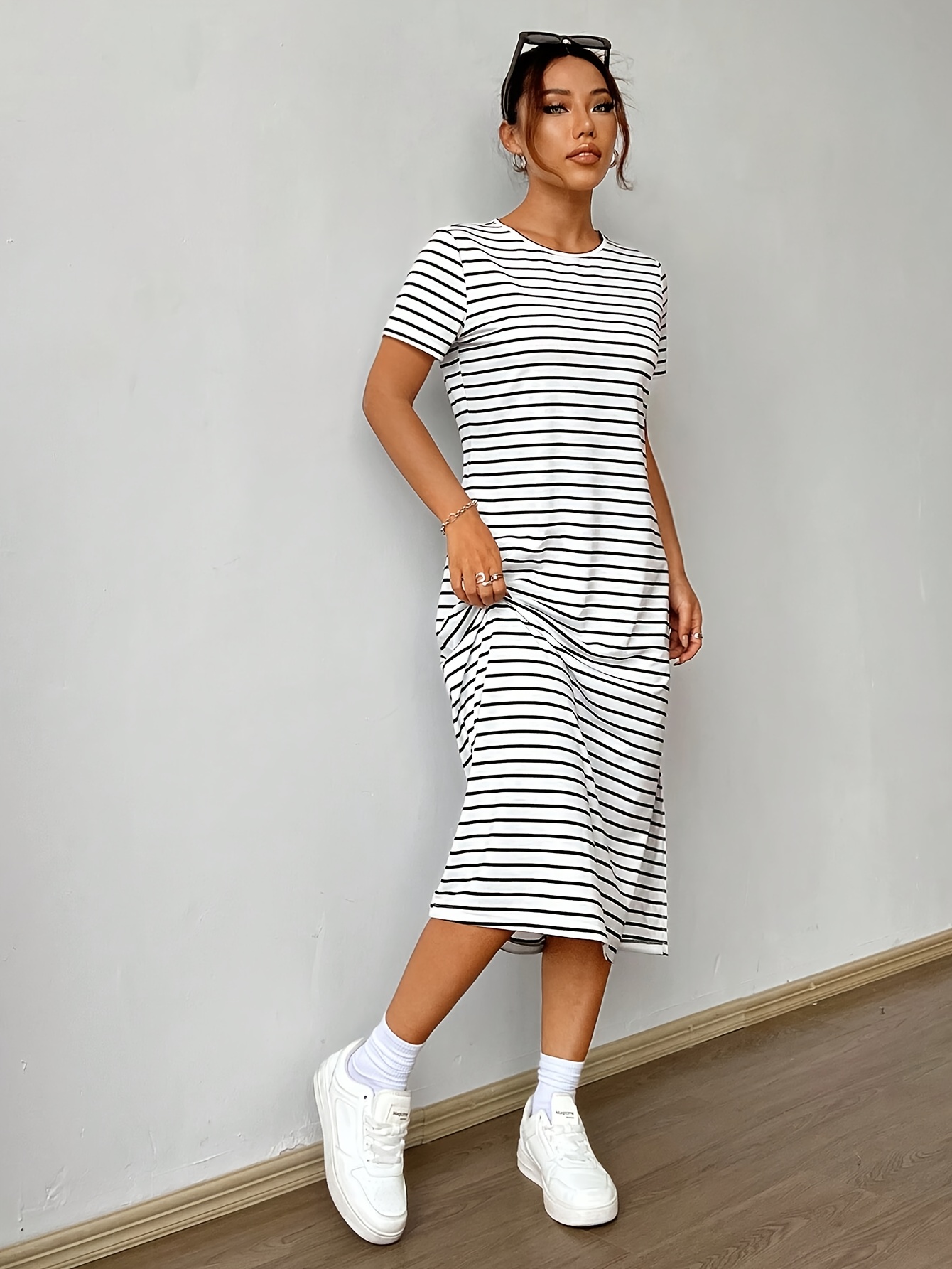 womens black white striped short sleeve casual summer dress - Temu United  Kingdom