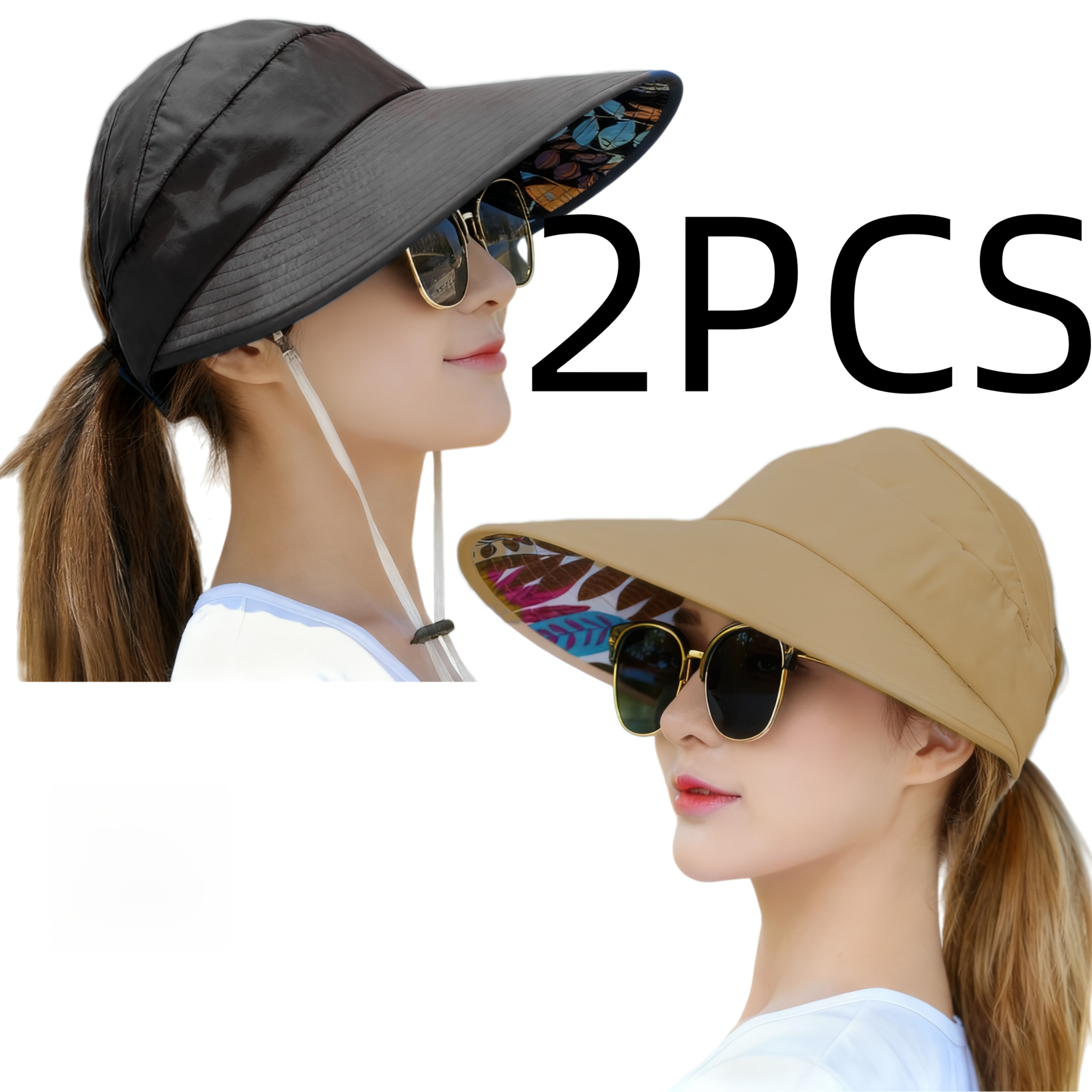 TEMU 2pcs Oversized Brim Solid Color Sun Hats, Sun Protection Hats, Casual Hats, Outdoor Hats, Travel Hats With Adjustable And Ponytail Hole, Couple