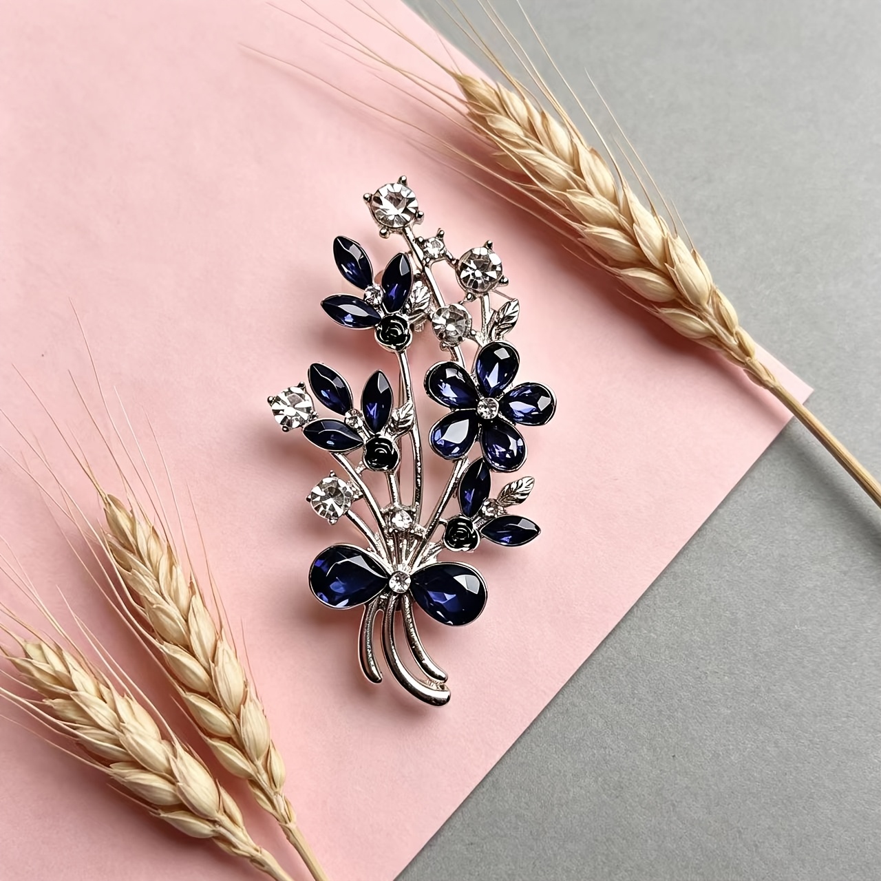 TEMU Light Luxury Dark Blue Rhinestone Floral Branch Brooch, High-end Suit Pin, Evening Gown Accessory, Niche Exquisite Flower Corsage