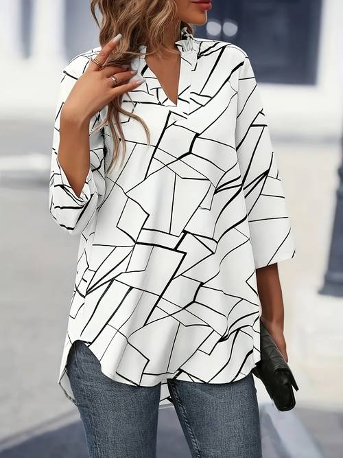 elegante pullover met v-hals en halflange mouwen met richtinggevend geometrisch