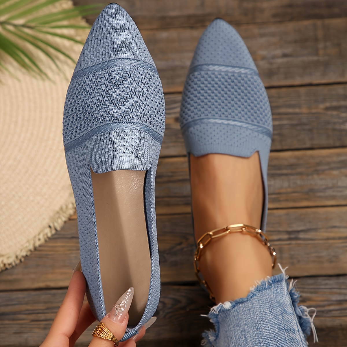 Elegant Ballet Flat Shoes For Women, Slip-On Breathable Soft Sole Daily Knitted Ballets, Point Toe Daily Wear