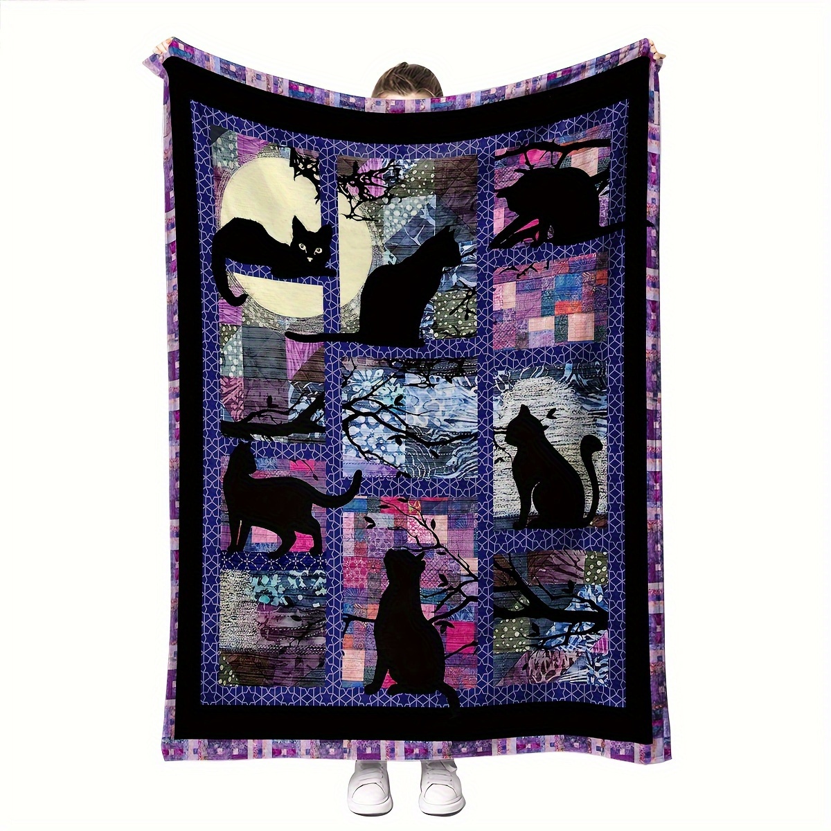 

Contemporary Animal Theme Flannel Throw Blanket - All Seasons Soft And Cozy Multipurpose Digital Print Cat Pattern, Machine Washable Polyester Knitted Craftsmanship For Living Room, Bedroom Decor