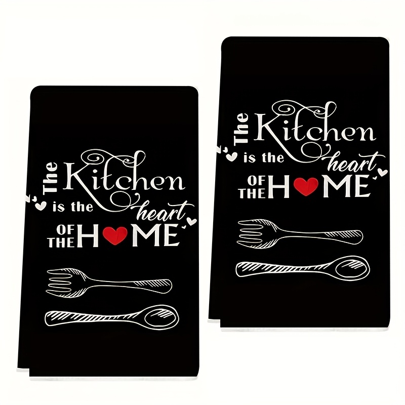 TEMU 2 Kitchen Towels With Heart-shaped Cutlery Patterns And The Slogan "kitchen Is Of Home" - Microfiber Cloths, Decorative Housewarming Gifts For
