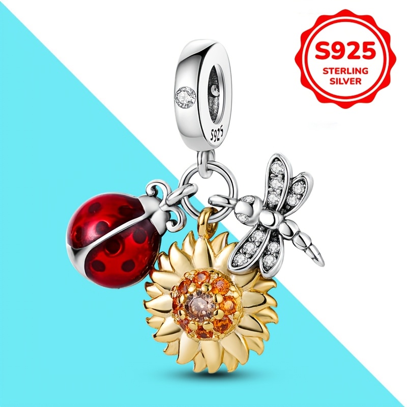 

Elegant Vintage 925 Sterling Silver Charm Bracelet Set, Ladybug Sunflower Dragonfly Pendants, Synthetic Birthstone, 3g Silver, With 3mm Bracelet Compatible, For Women, Gift, Wear