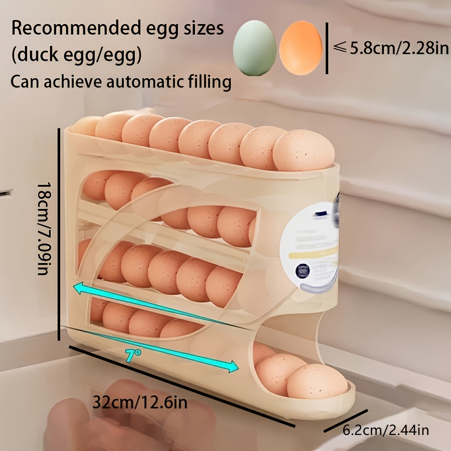 4-Tier Rolling Egg Holder - Space-Saving Side Door Design, Holds 30 Eggs, Smooth Glossy Finish, Convenient Handle | Suitable for Kitchen and Fridge Storage | Modern Kitchen Accessory | Durable Plastic Material