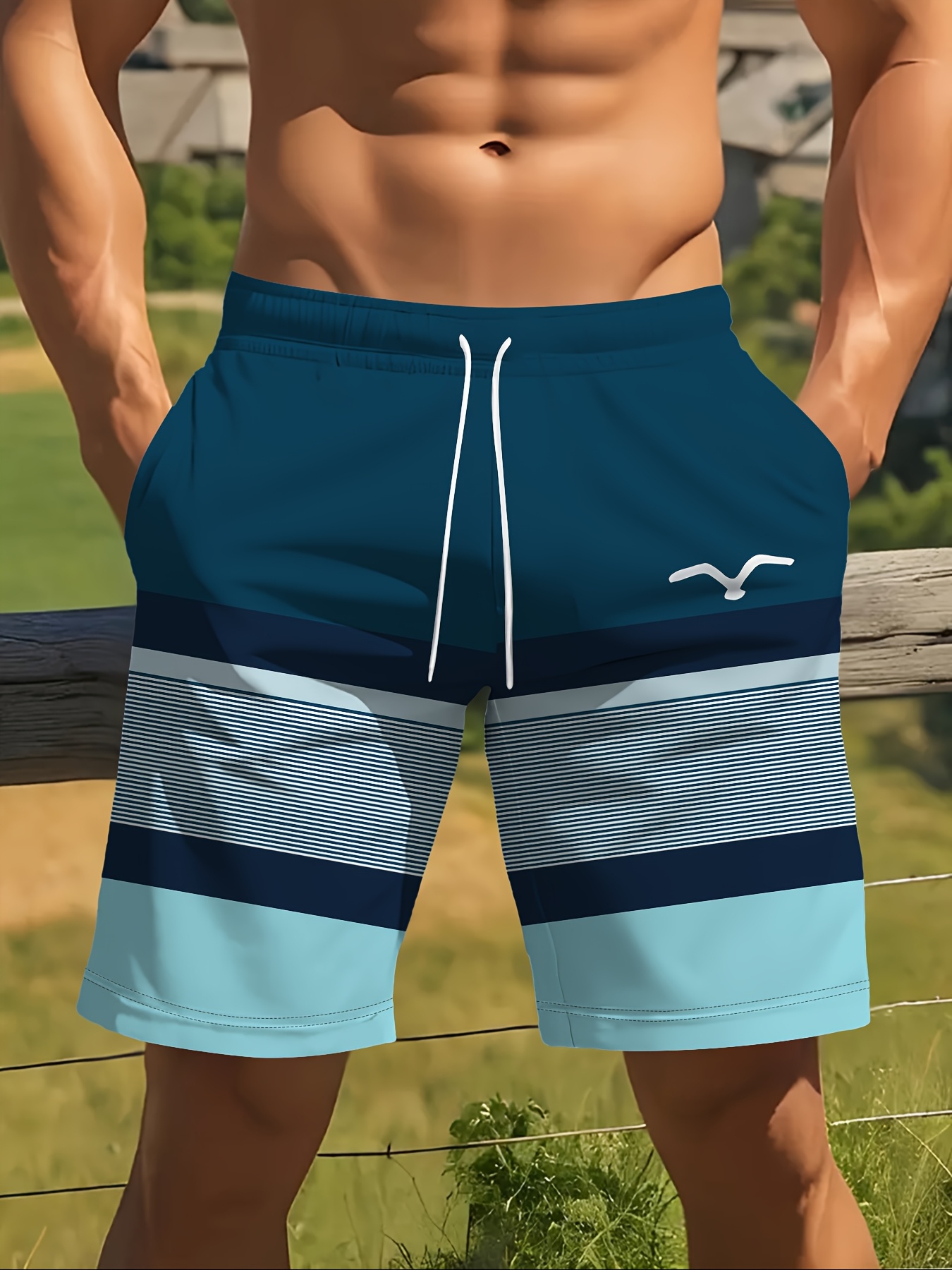 Men's Hawaiian Beach Shorts – Striped Elastic Drawstring Athletic Trunks For Summer, Vacation, Gym & Casual Wear