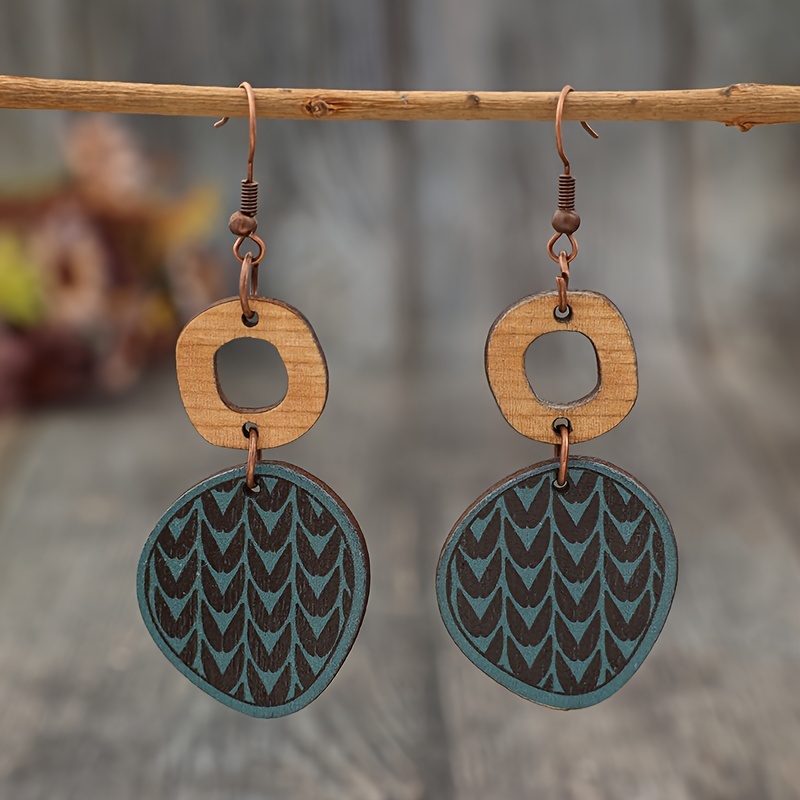 

Bohemian Vintage Wood Drop & Dangle Earrings - Geometric Hollow With Printed Pattern, Iron Ear Hook, Boho Style For Women, Suitable For & Gifting