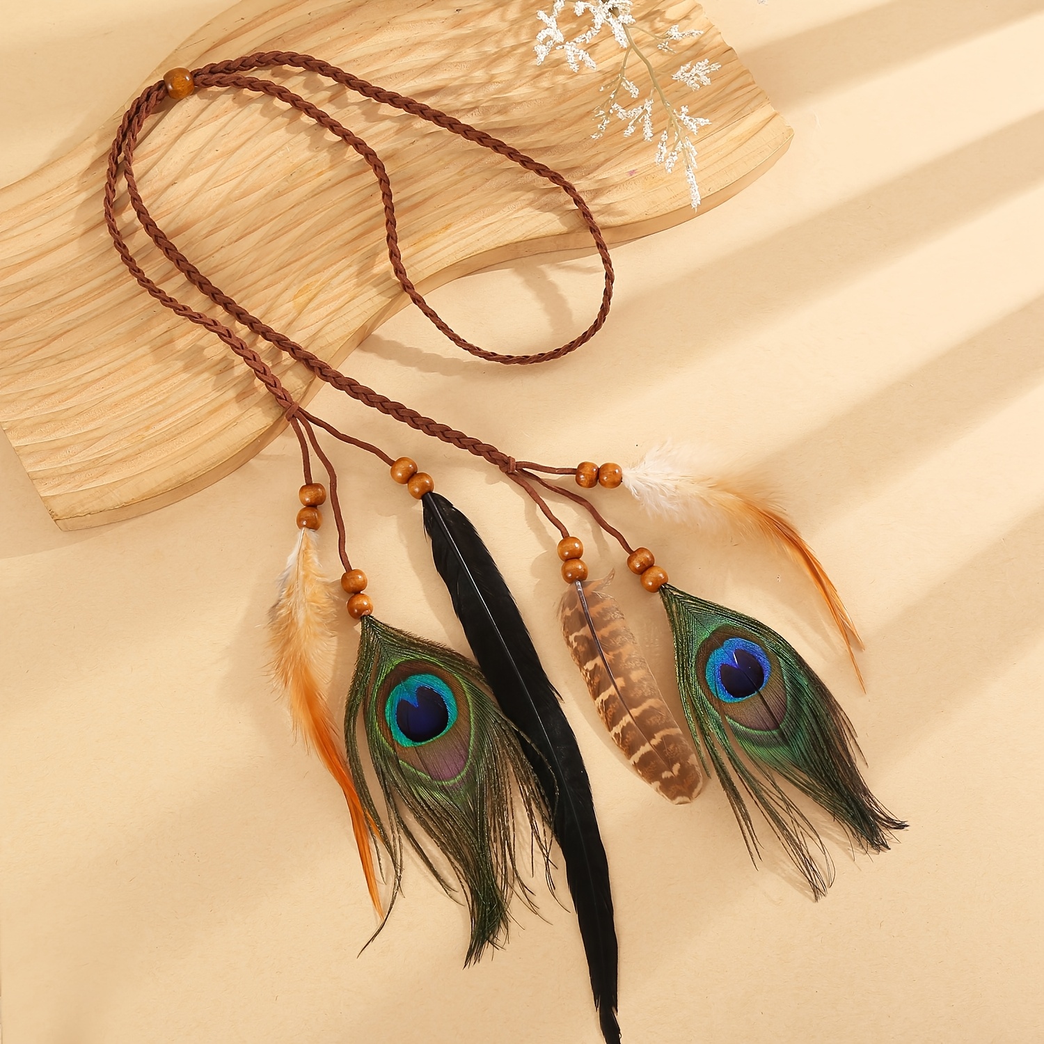 1pc Bohemian Feather Headband Made Of Feathers, Wooden Beads, And Rope. The Feather Headpiece Is Very Lightweight And