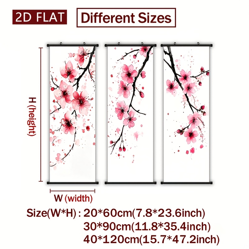 TEMU Room Decor 3pcs Japanese Cherry Canvas Wall Art Set - Floral Scroll Paintings, Waterproof Odorless Canvas Prints For Living Room, Bedroom, Home