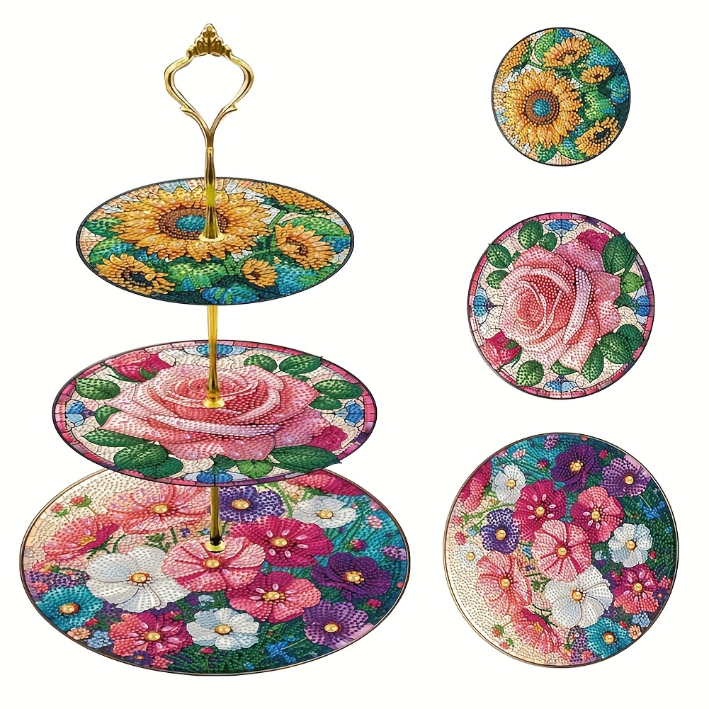 TEMU Elegant Floral Pattern - Diamond Painting Three-tier Display Rack Kit, Featuring A Round Tray Display Stand, Suitable For Home, Wedding Display