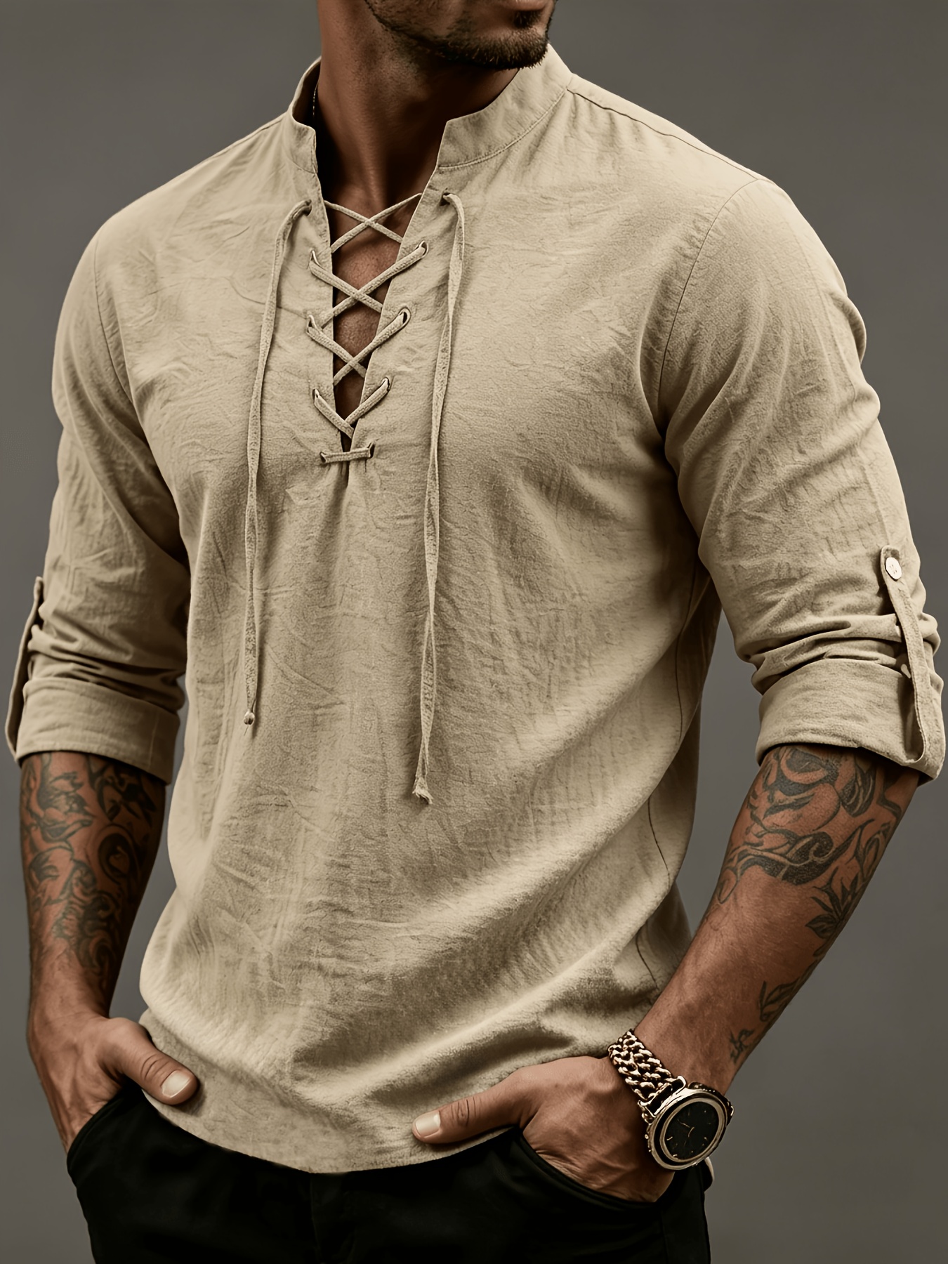 1pc mens vintage linen shirt lace up stand collar roll up sleeves breathable linen multi color for beach   casual wear
