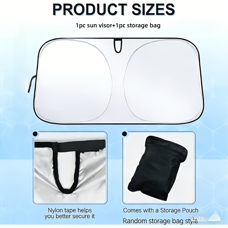 TEMU 2pcs (1pc Sun Visor And 1pc Storage Bag) Portable Universal Foldable Car Windshield Sunshade Heat Insulation Front Windshield Cover For Interior