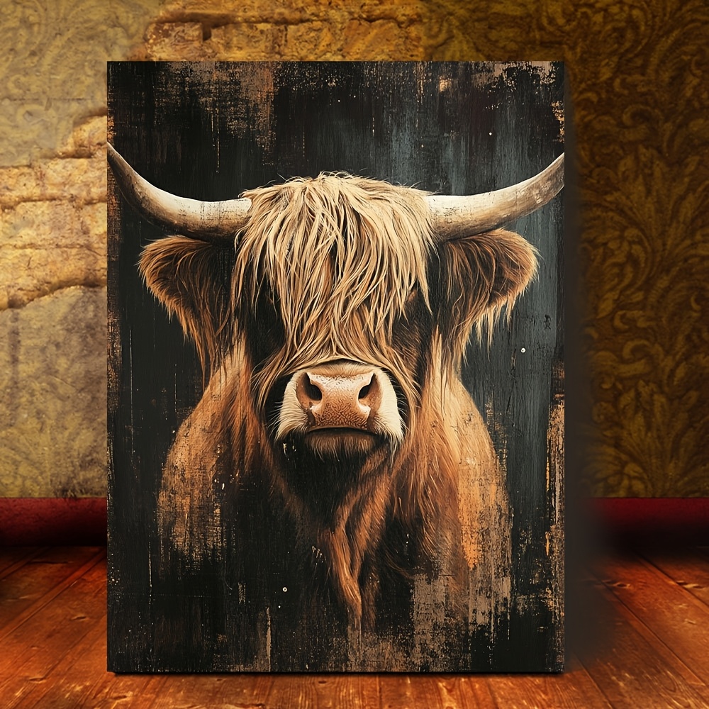 TEMU 2d Flat, 1pc Highland Cow Canvas Wall Art - Scottish Cow Decor Suitable For Farmhouse,, Living Room, Kitchen, Office - Unframed Black Background