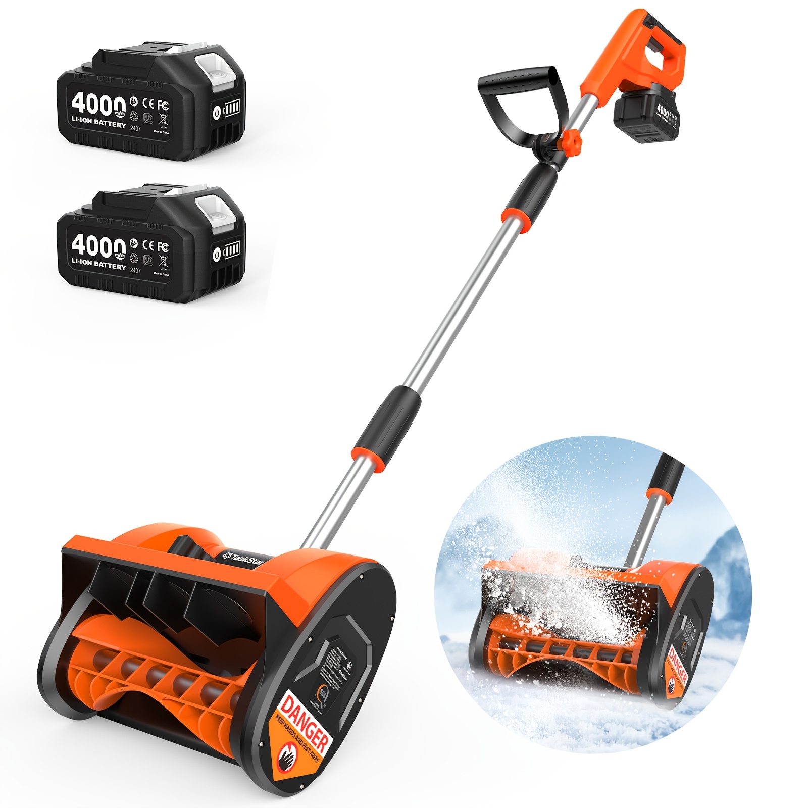TEMU Pelle à neige fil Taskstar, à neige électrique à batterie avec 2 batteries 4000mAh et chargeur, largeur de nettoyage de 12 pouces, distance de