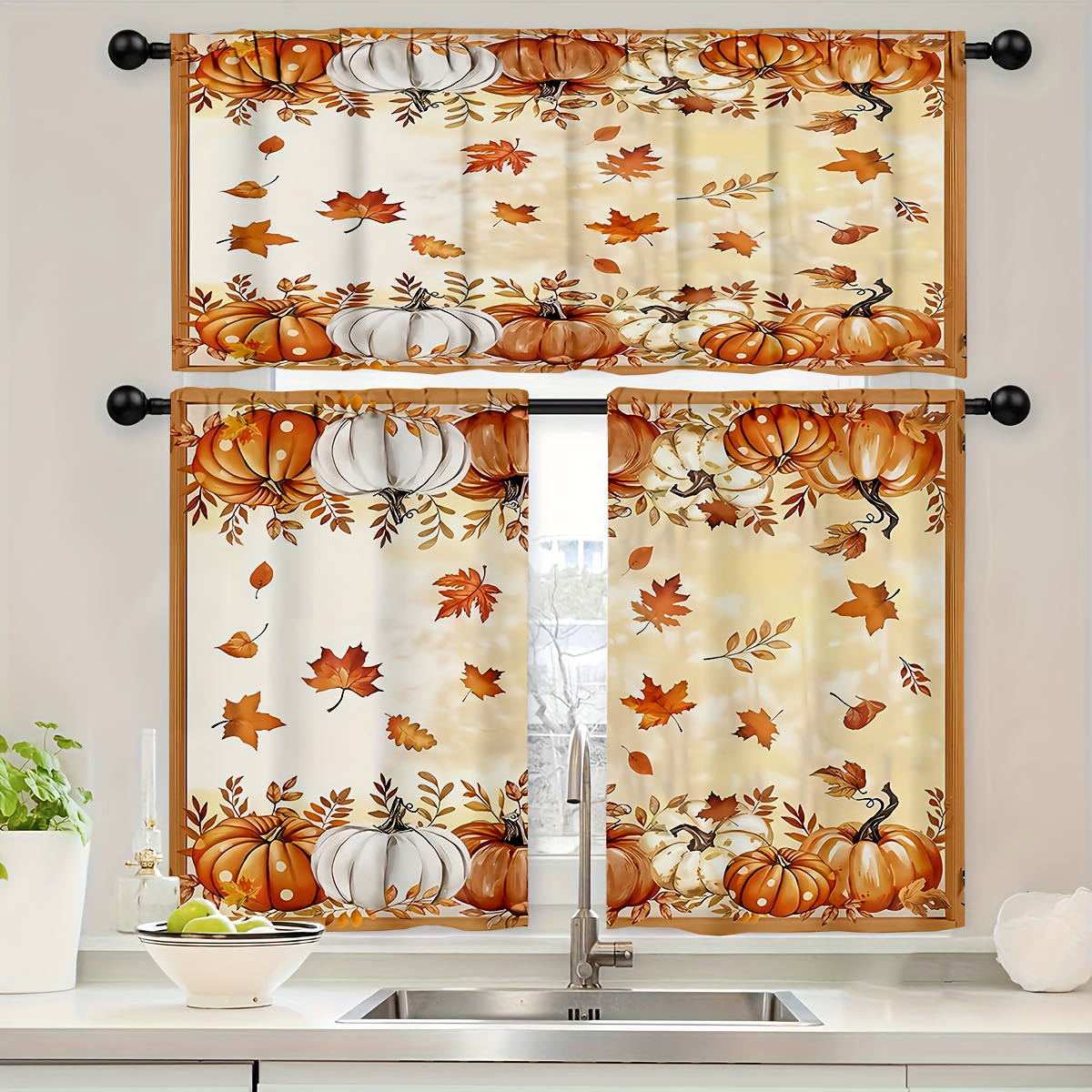 TEMU 2d Flat, 3pcs Set Of Autumn Pumpkin And Leaf Pattern Kitchen Curtains- A Atmosphere And Autumn Decor, 2d Flat