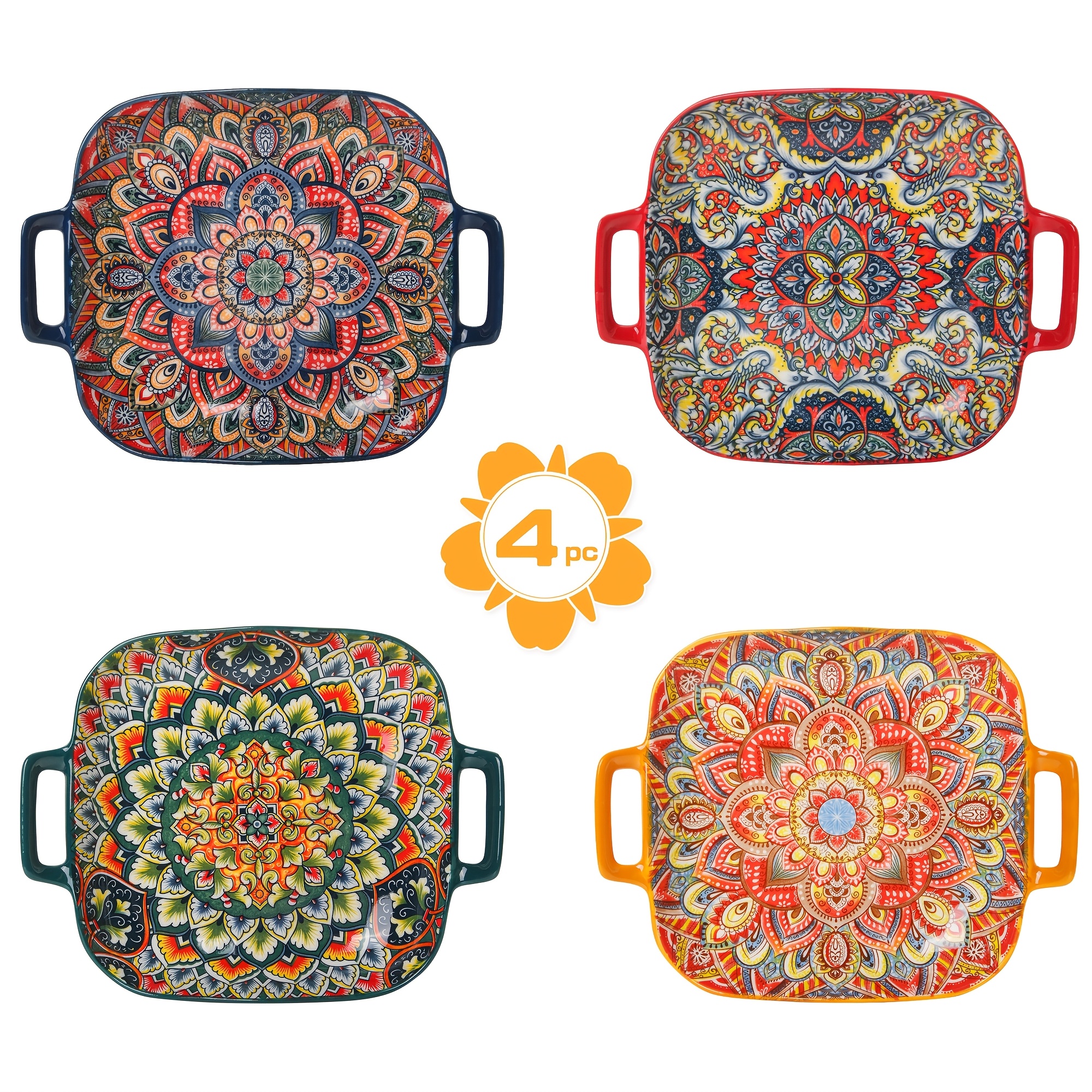 Image of Bohemian Ceramic Salad Plate - Dual Handle Baking Dish, Oven & Microwave Safe, Vibrant , Perfect For Pasta, Aesthetic Tableware Addition