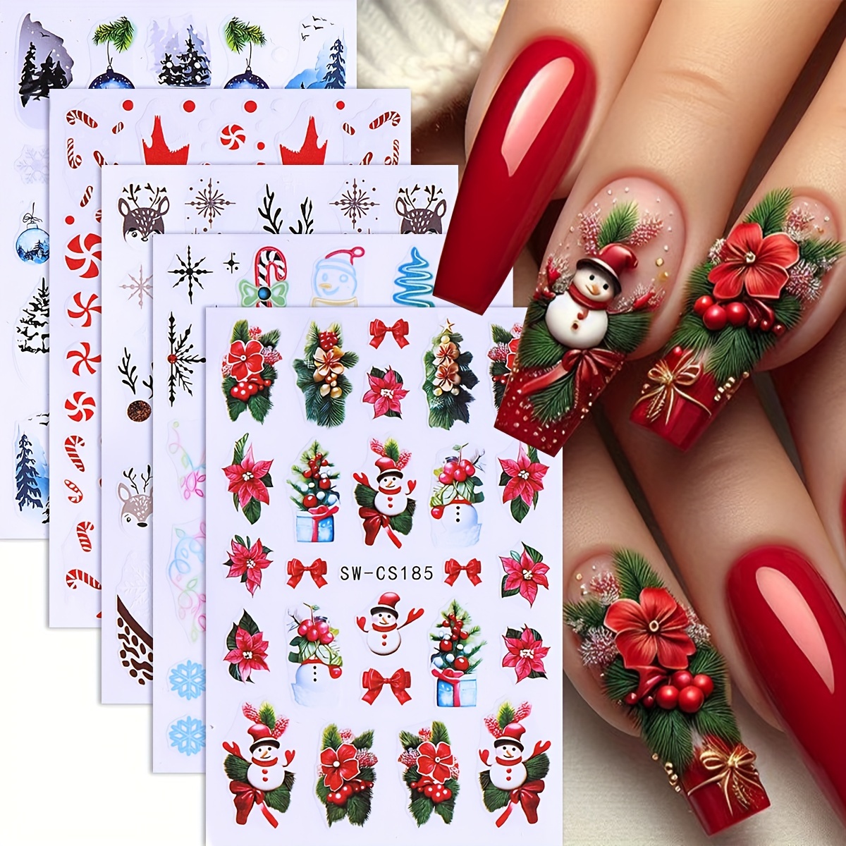 

5pcs Christmas Art - Snowman, & | -, Disposable Decals For Manicure | And | & Remove | For Diy Decorations