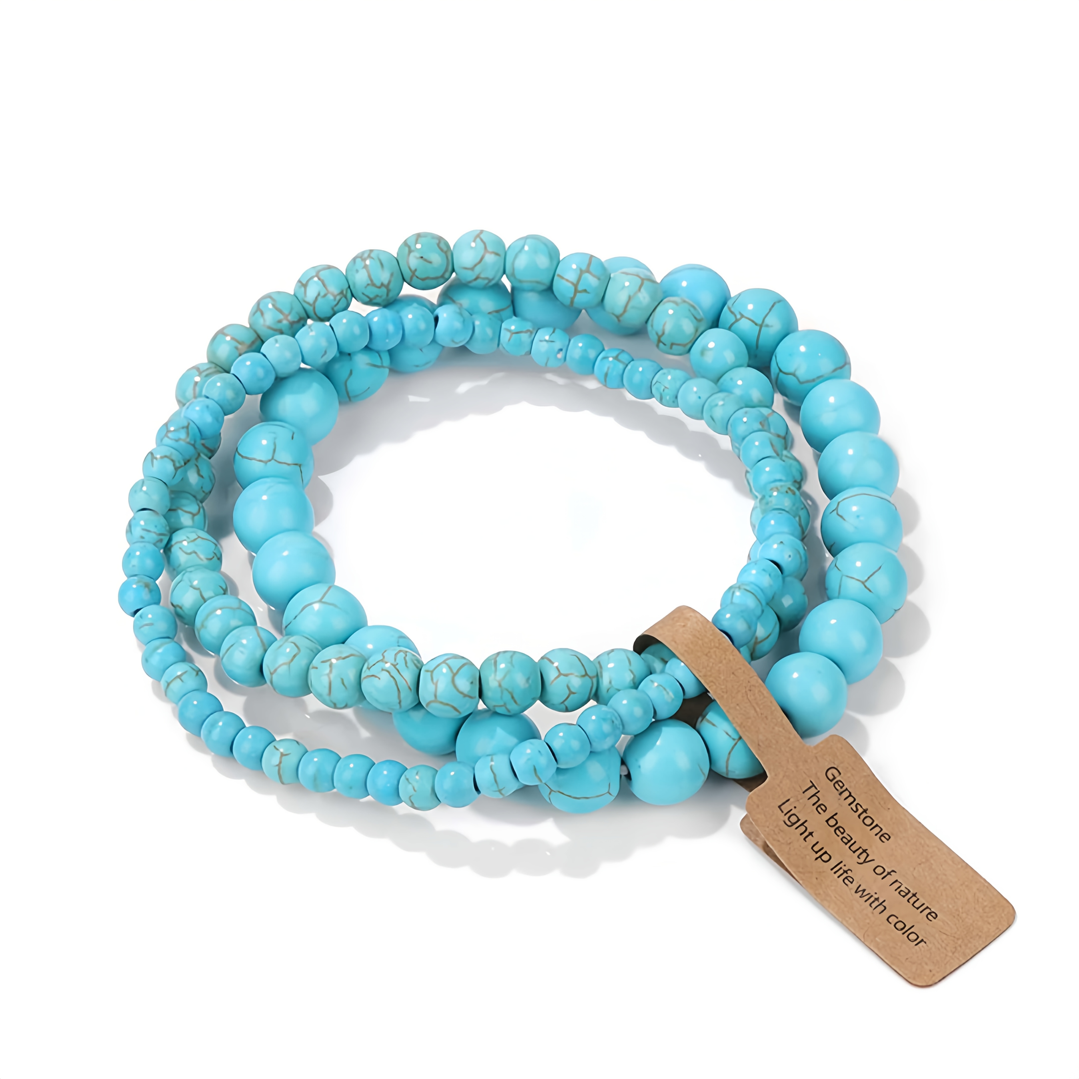 E-shop 3-teiliges Natur-Türkis Armband Set, ein Trio von 4-8mm Bohemian Bangles, handgefertigt ohne Beschichtung, Vintage Unisex Stretch Armbänder zum
