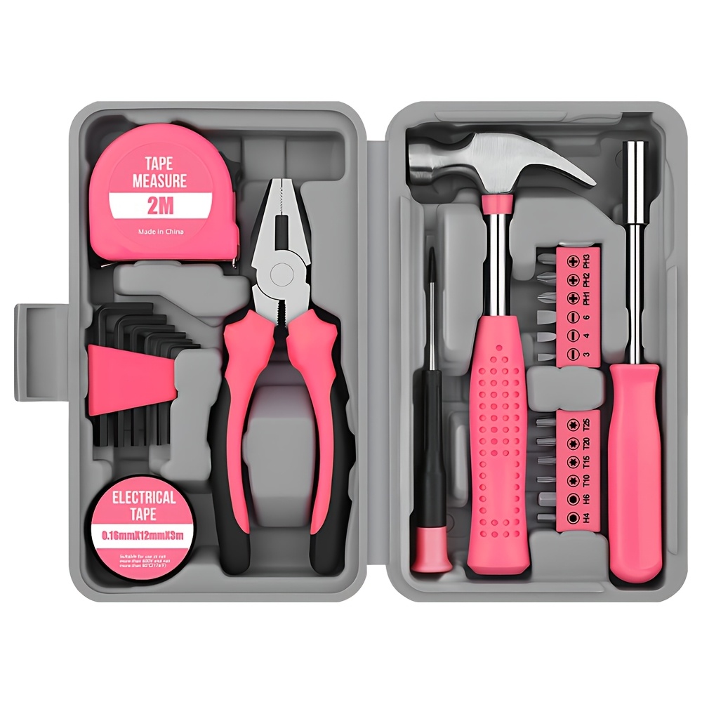 TEMU 24pcs Pink Tool Kit Portable Manual Tool Set With Hammer, Pliers, Screwdrivers & Tape Measure - Organized Storage Case Included, Ideal For Home