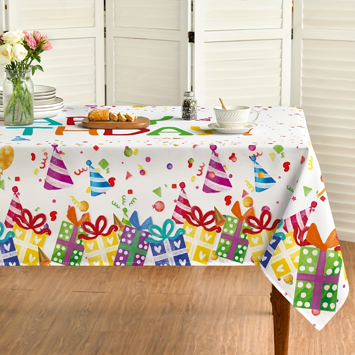 

Birthday Party Tablecloth - Polyester Table Cover With Balloon And Gift Print, Machine Washable, For Birthday Celebrations And Dining Decor - 55x71 Inches