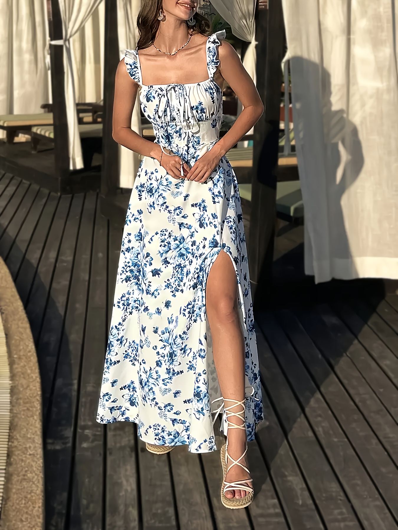 elegant floral backless maxi dress tie detail sleeveless - Temu United  Kingdom