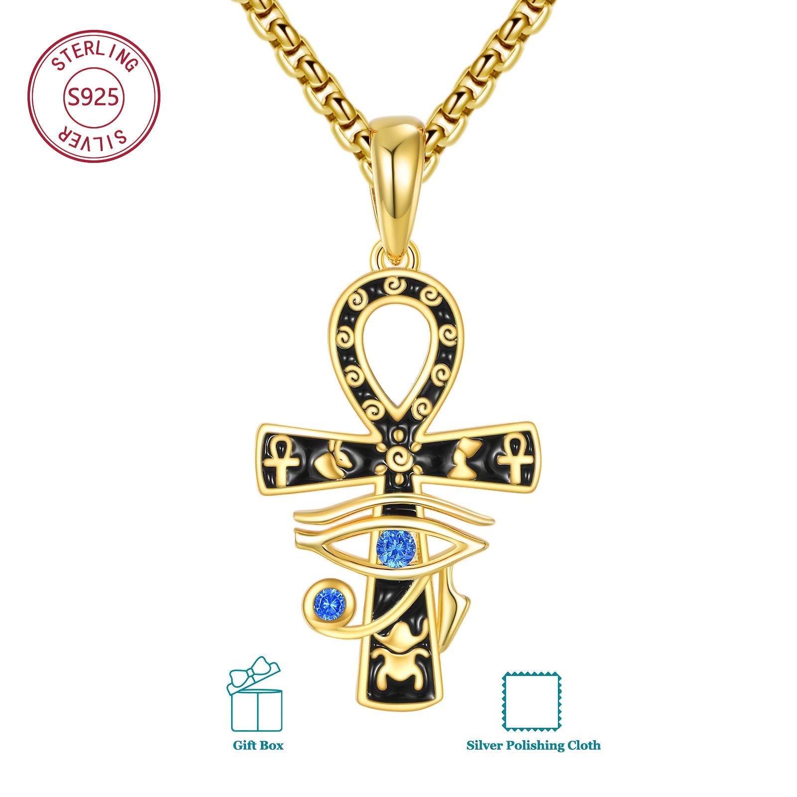 925 Silvery Ankh Necklace With Horus Eye And Synthetic Synthetic Zirconia, An Ancient Egyptian Protective Jewelry, A Mysterious Amulet Gift Suitable For Men And Women For .