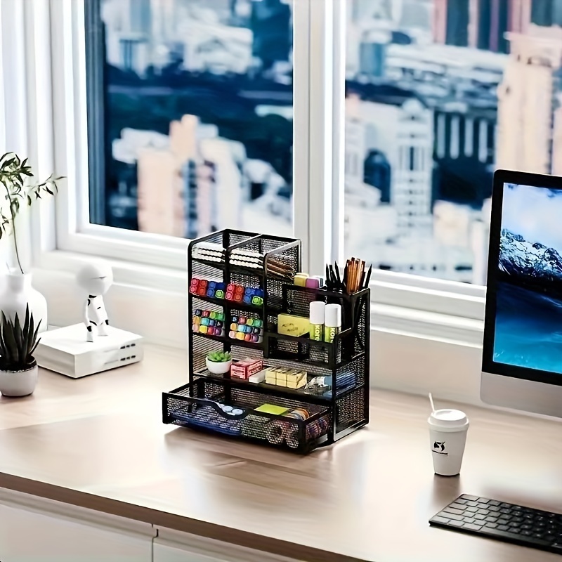 

Chic Metal Desk Organizer - Multi-tiered Office Pen Holder & File Storage Rack For Women