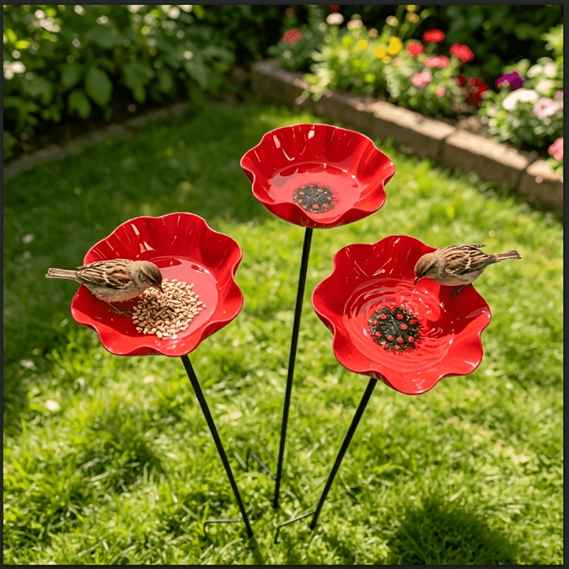 TEMU 3 Pack Red Flower Metal Bird Feeder Stake Dual Use Wild Bird Bath Tray Outdoor Garden Yard Lawn Water Food Bowl Attracts Sparrow Robin Small