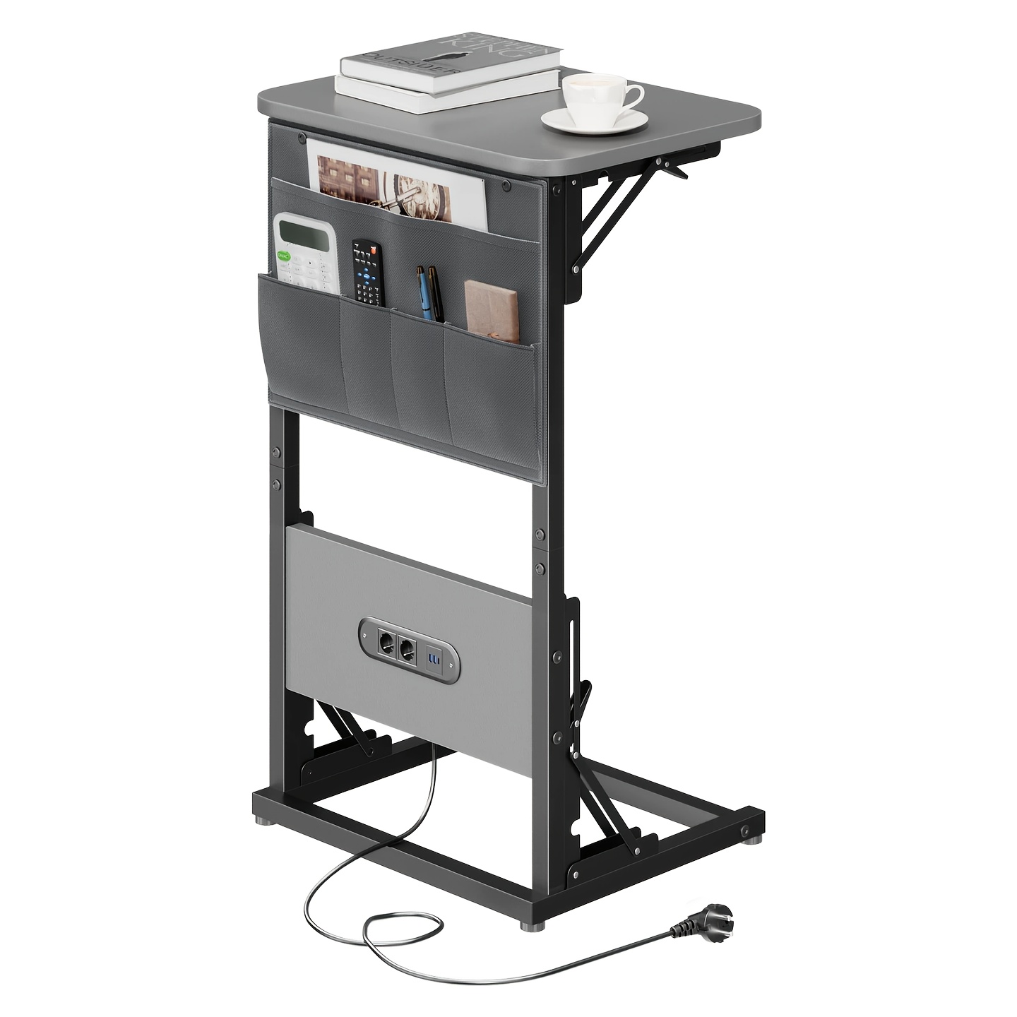TEMU Table d'appoint de C avec sac de rangement, table d'appoint pour canapé avec station de charge, plateau TV pliable avec 2 ports USB et prises