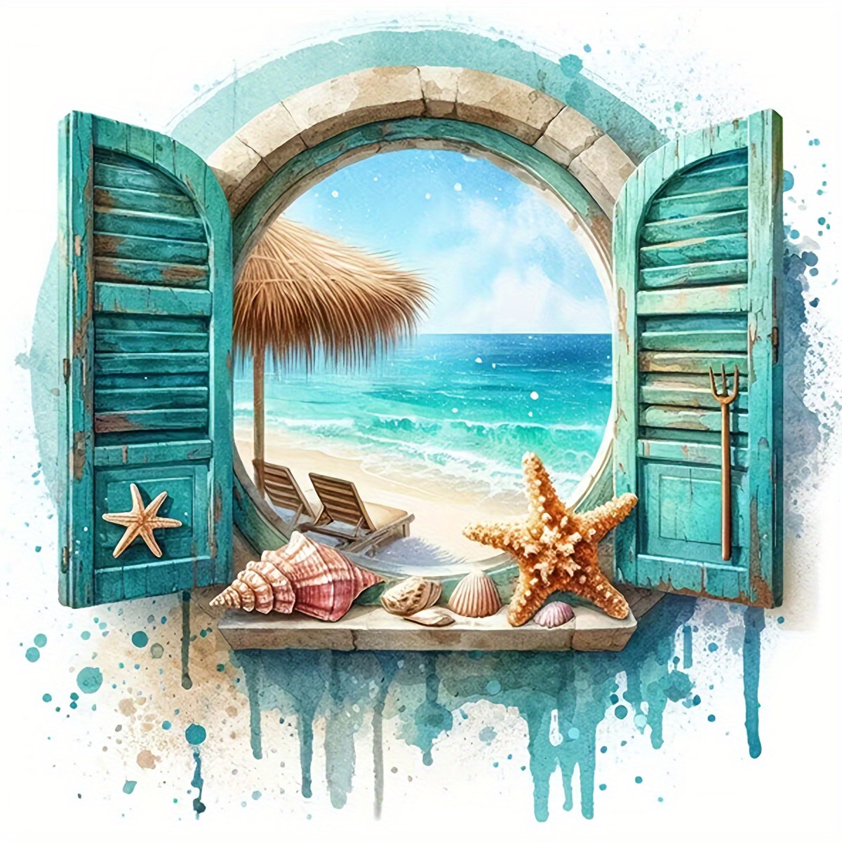 

Starfish And Seashells Beach View 5d Diy Diamond Painting Kit, 7.9x7.9 Inch Round Acrylic Full Drill Embroidery Set, Window Ocean Scene Handmade Home Decor