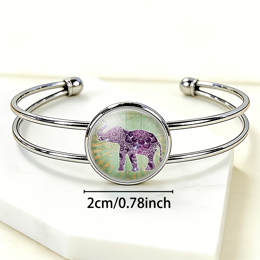Adjustable Open Bangle with Purple Elephant Pattern