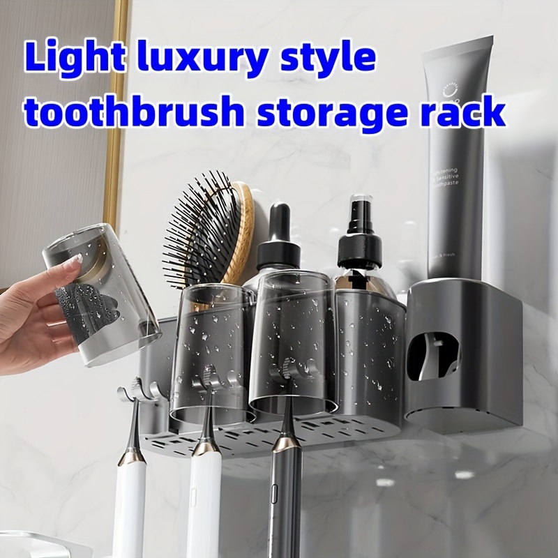 

1set Toothbrush Holder Wall Mounted Storage Rack Set With Adhesive, Includes Toothbrush Cup, Bathroom Organizer