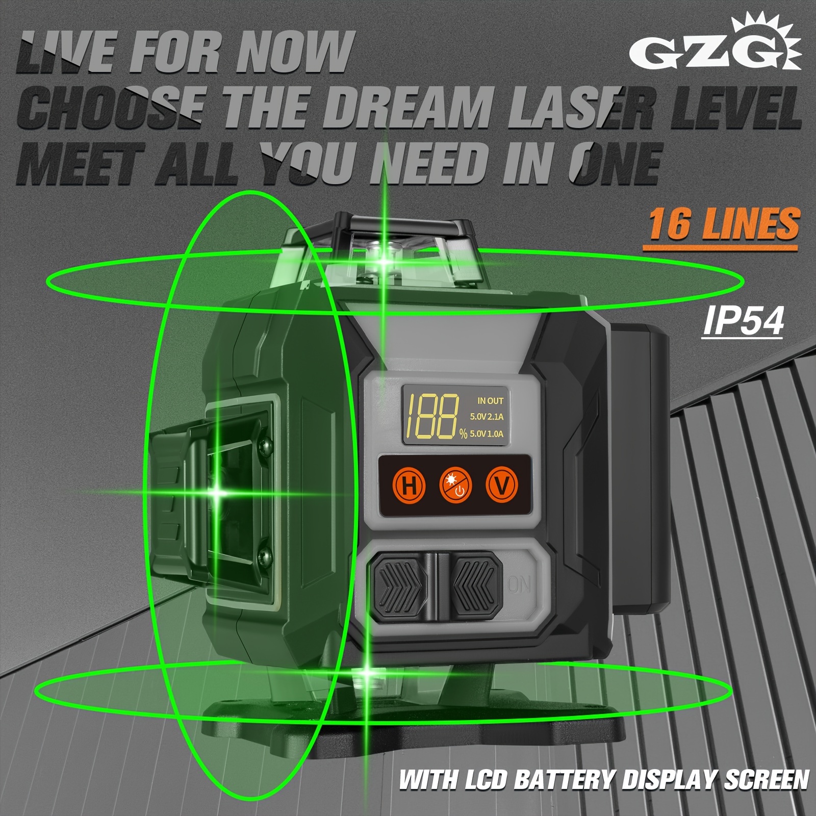 1 Set Professional 4D Laser Level 16 Lines Green Beam USB Rechargeable with LCD Display Remote Control Ideal for Construction