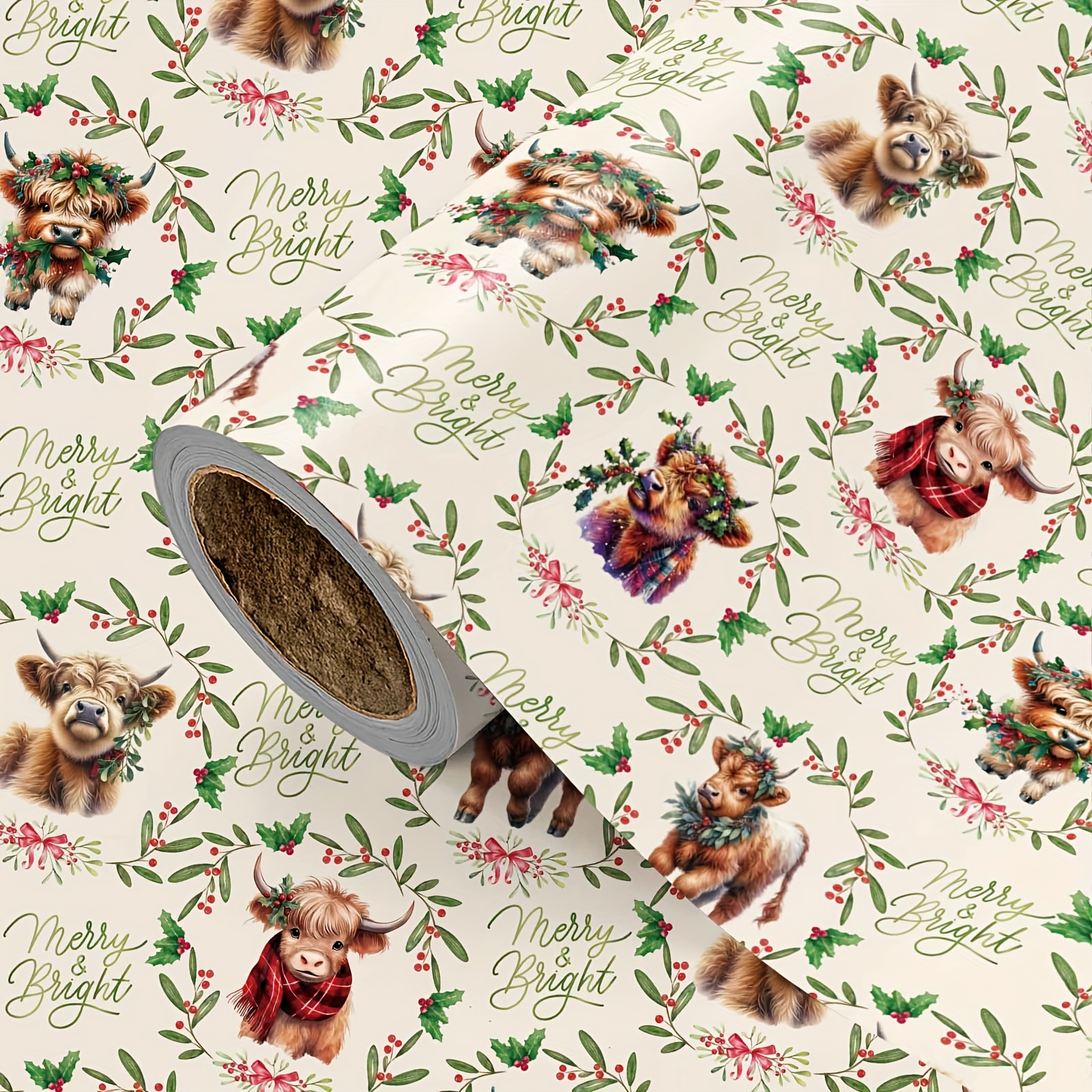 TEMU 1 Roll Christmas Wrapping Paper | Highland Cow With Holly & Scarf, Holly Branches, Bows, "" Text, And Highland Cow With Poinsettia & Holly