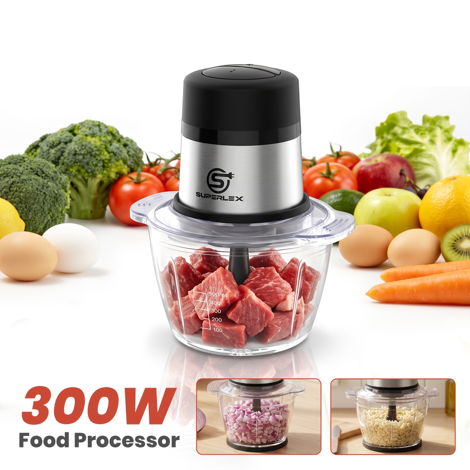 TEMU Superlex Mini Food Chopper, 300w Electric Chopper With 1l Glass Bowl And Stainless Steel Anti-slip Base, 2 For Kitchen Food Meat Vegetable Prep