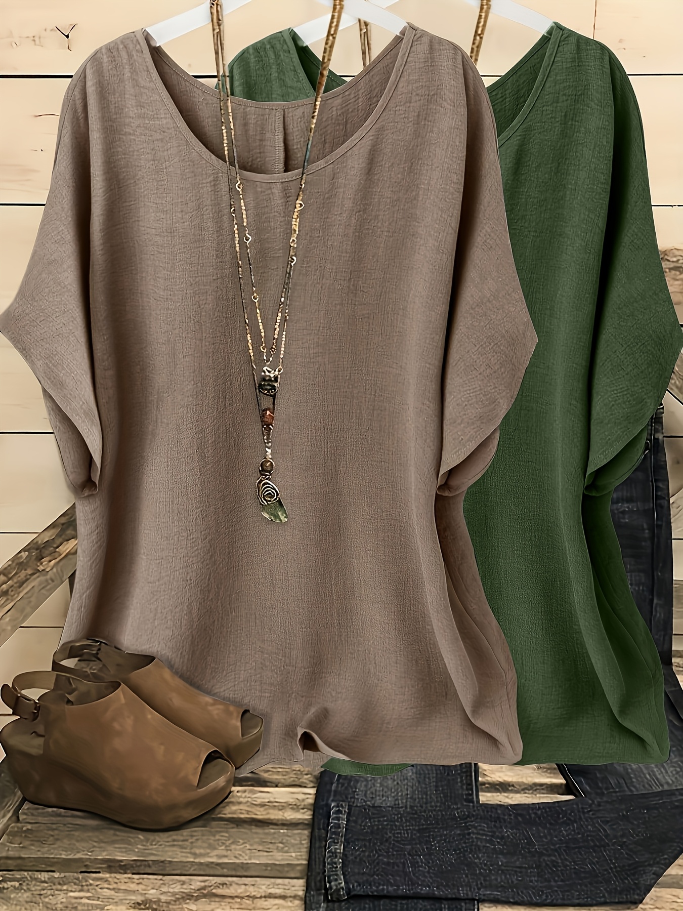 2er-Pack, Damen Freizeit-  Urlaubs-Shirt in Uni-Farbe mit Rundhalsausschnitt  Fledermausärmeln, ohne Zubehör