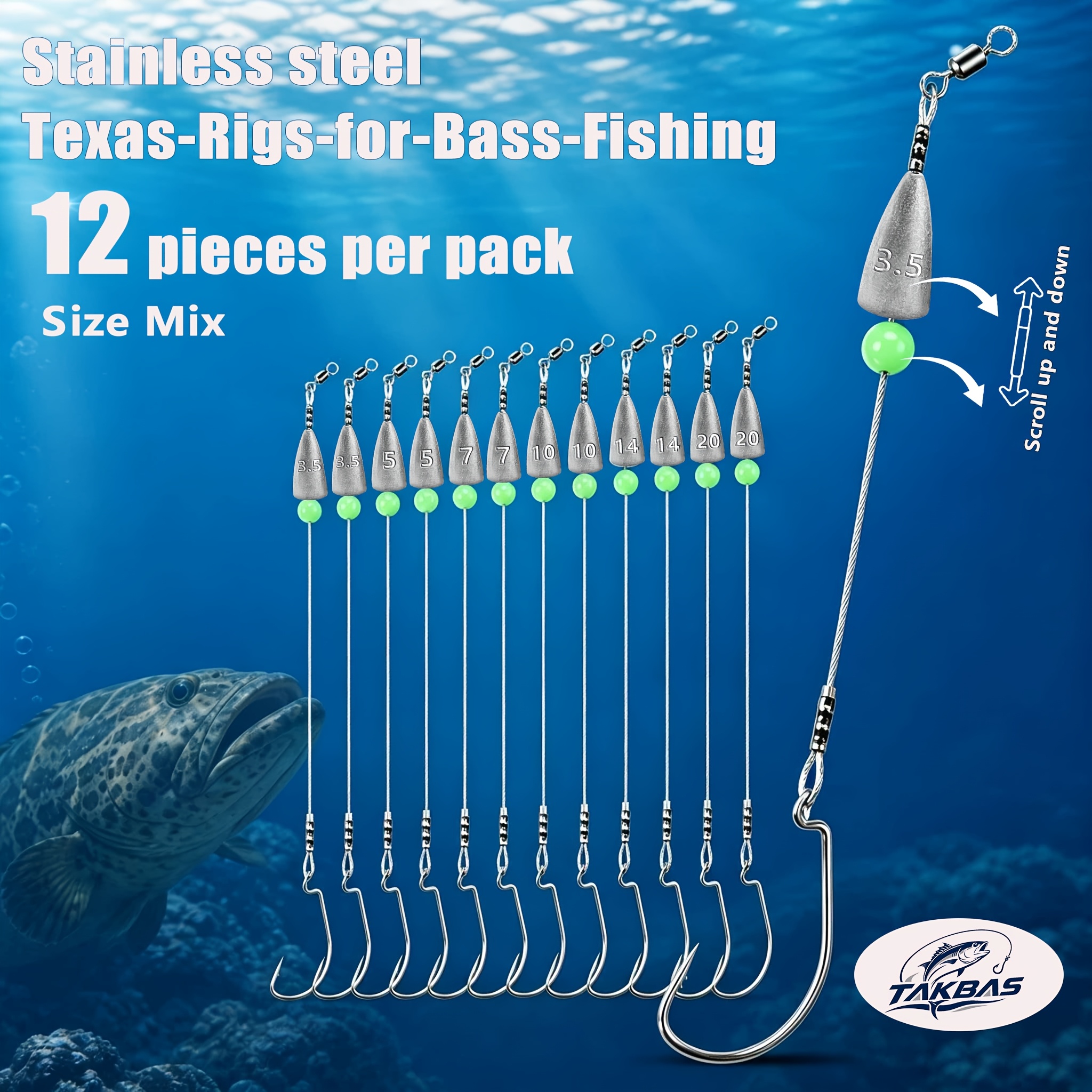 TEMU 12pcs Pre-tied Stainless Steel Texas Rigs Fishing Line Kit, 3.5g-20g Sinkers Offset Hooks With Luminous Beads Anti-bite Leader, Trout Walleye