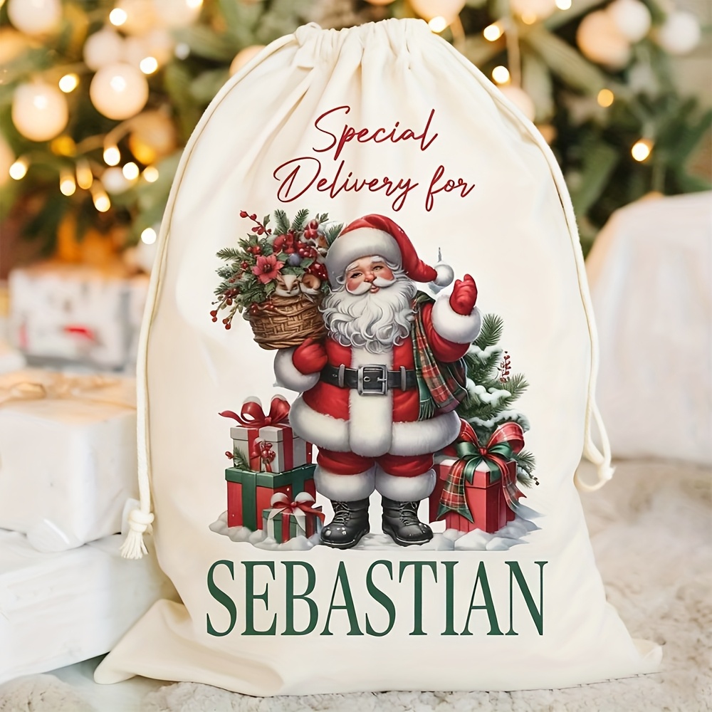 TEMU 1pc Personalized Santa Gift Bag - Custom Name/message Christmas Bag With Santa And Elf Patterns, Durable Party Gift Bag, Batch Custom Holiday
