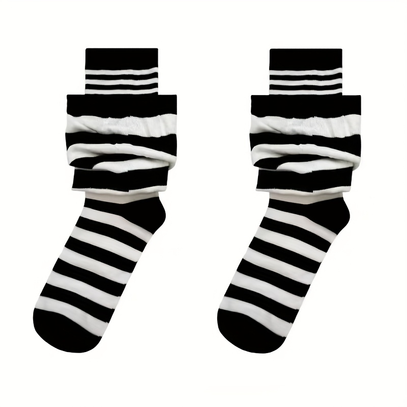 TEMU 1 Paar Herbst- Winter-Trend-Stapelsocken für Damen, gestreift in Schwarz Weiß, Design als 2-teiliges Fake-Set, warme, lockere Wadenstapelsocken,