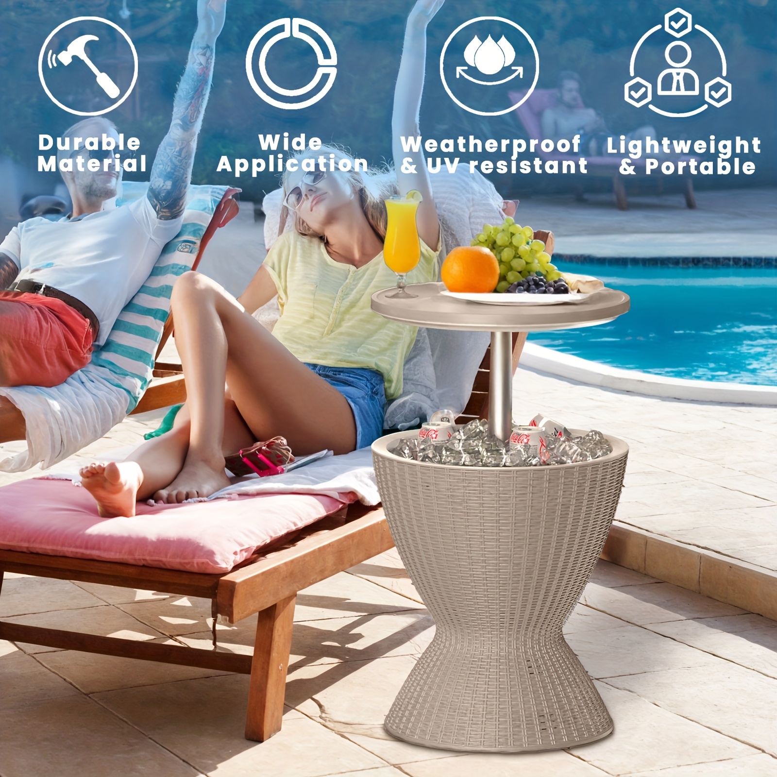 3 in 1 ice bucket combines cooler wine table and coffee table lid 30 l 8 gallon drink storage cans with ice rattan look with any patio furniture decor built in drainage plug beverage cooler drinks ice cold for hours easy to assemble details 6