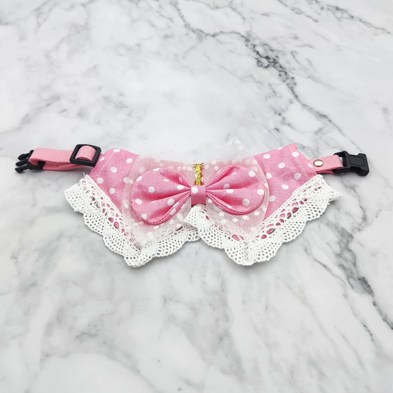 A Polka Dot Style Scarf For Pets, Featuring A Cute Pink Bow Tie And Lace Trim, Adjustable For Pets Weighing Between 1.5kg And 40kg