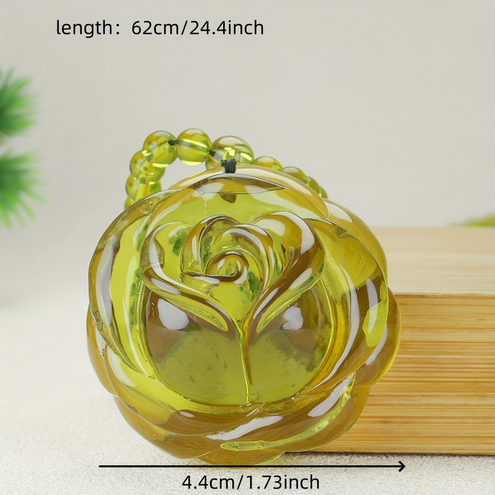 Amber Yellow Rose Carved Pendant Necklace, Boho Style