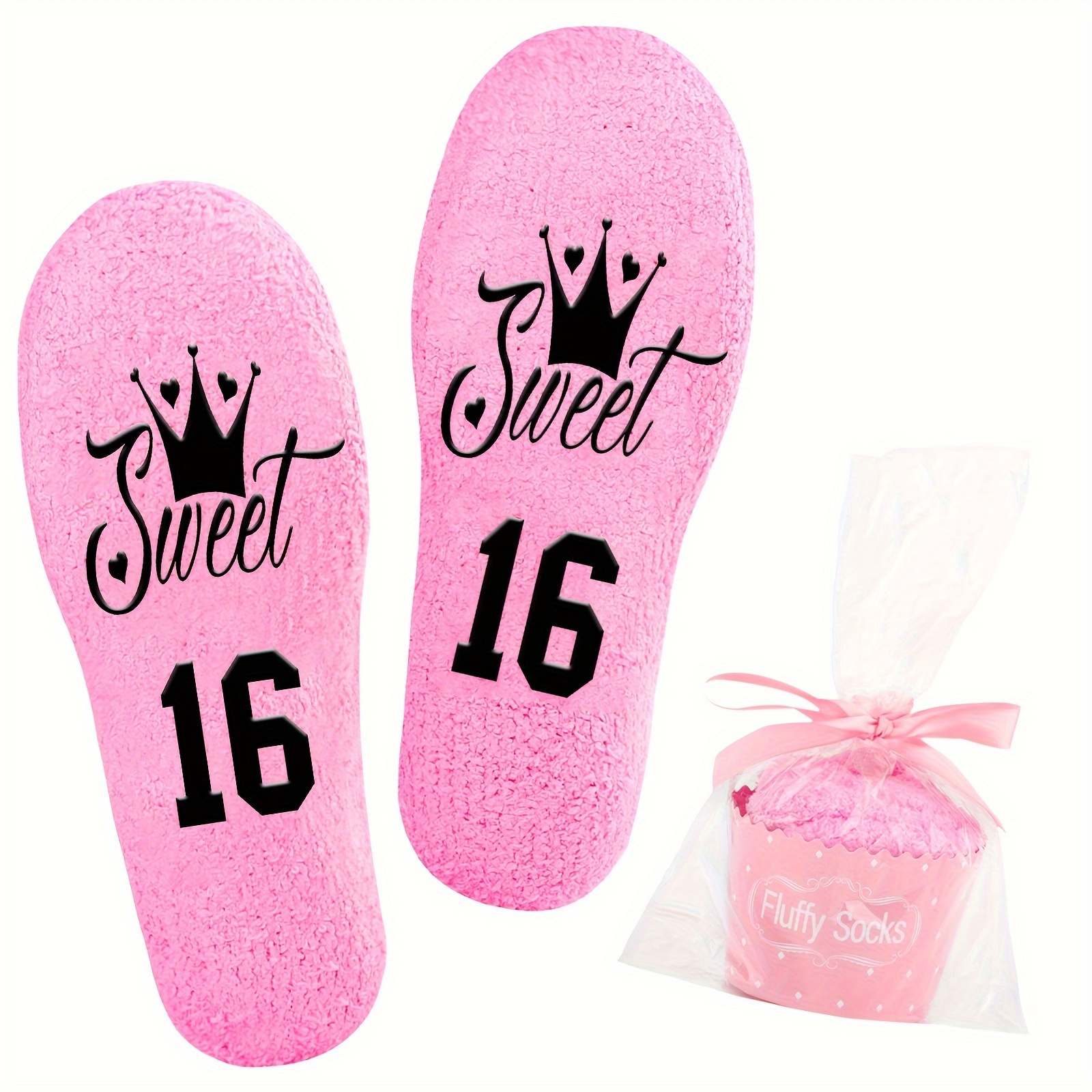 

Sweet 16 Pink Fluffy Socks With Crown Graphic - Comfortable Polyester Knit Fabric, Non-slip Silicone For All-, Machine Washable, Teen Birthday Gifts - Polyester 95%, Spandex 5%, 1 Pair