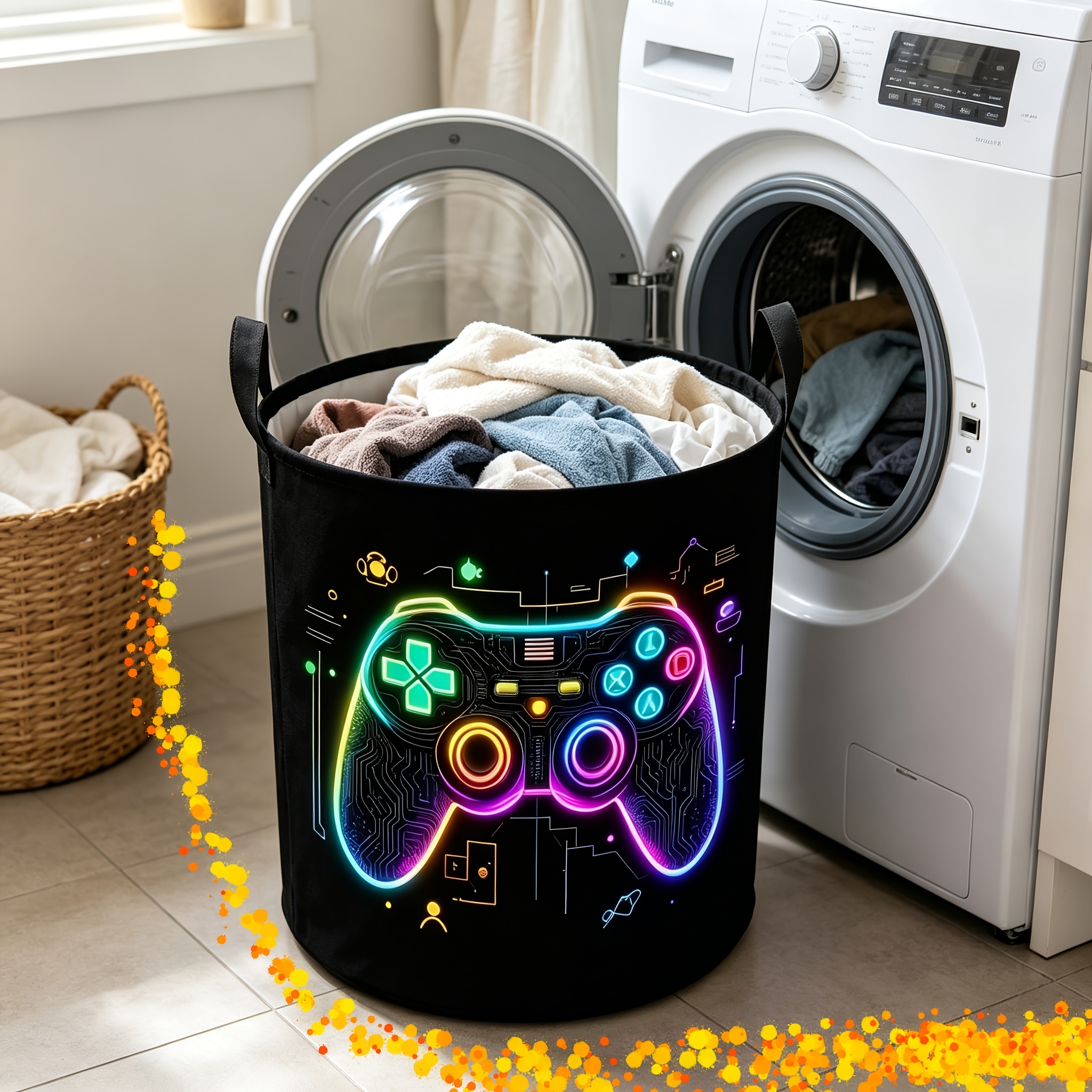 TEMU 1pc Neon Game Dirty Laundry Basket - Collapsible Clothes Hamper With Space Saving Design, Foldable Storage Bin For Gamers, Dorm, Living Room -