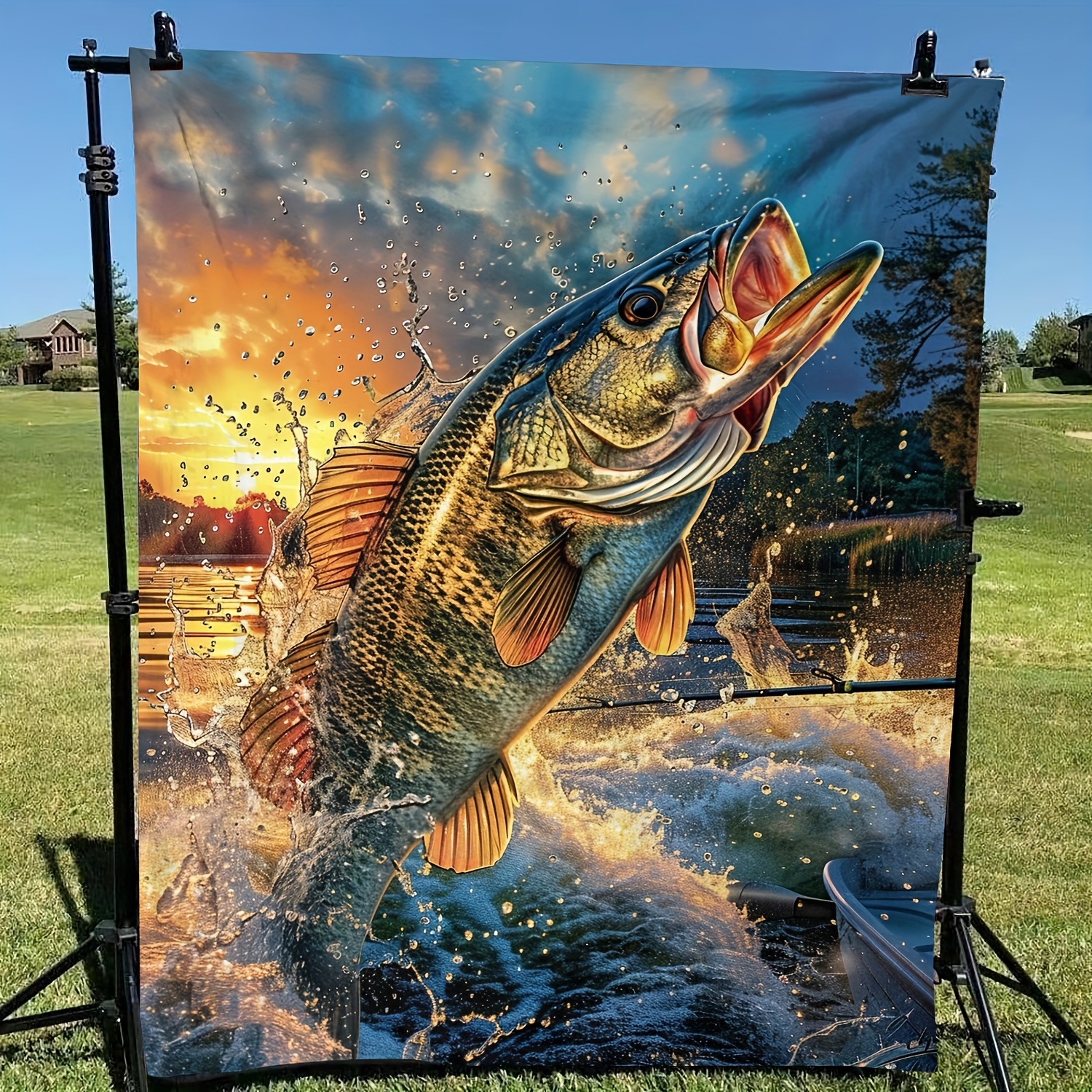 

Style Fishing Enthusiast Gift - Large Soft Flannel Fleece Throw Blanket With Dynamic Bass Fish Pattern, Cozy Knitted Polyester, Animal Themed All-season Blanket